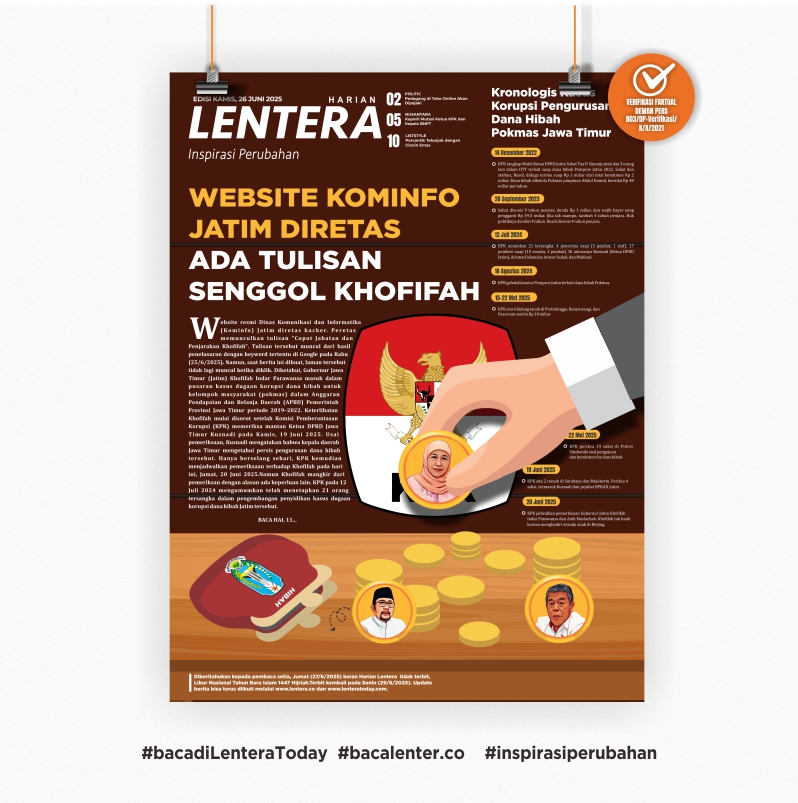 Website Kominfo Jatim Diretas, Ada Tulisan Senggol Khofifah (Koran Kamis, 26/6/2025)