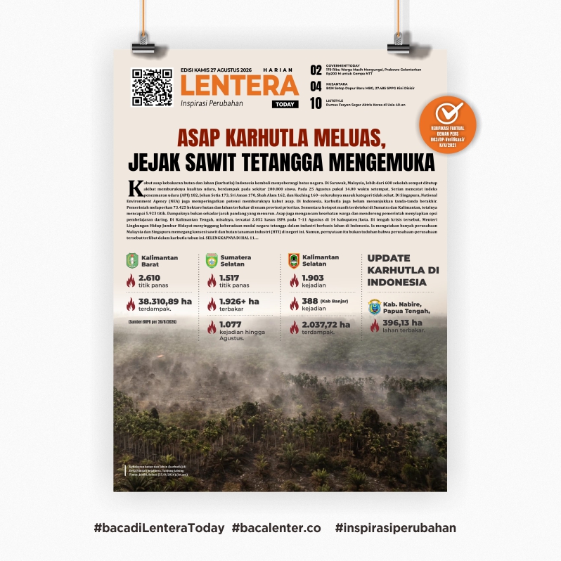 Asap Karhutla Meluas, Jejak Sawit Tetangga Mengemuka (Koran Kamis, 27 Agustus 2026)